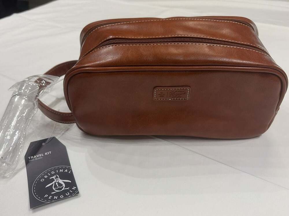 Original Penguin Men's Brown Faux-Leather Dual-Zip Toiletry Travel Kit w Bottle